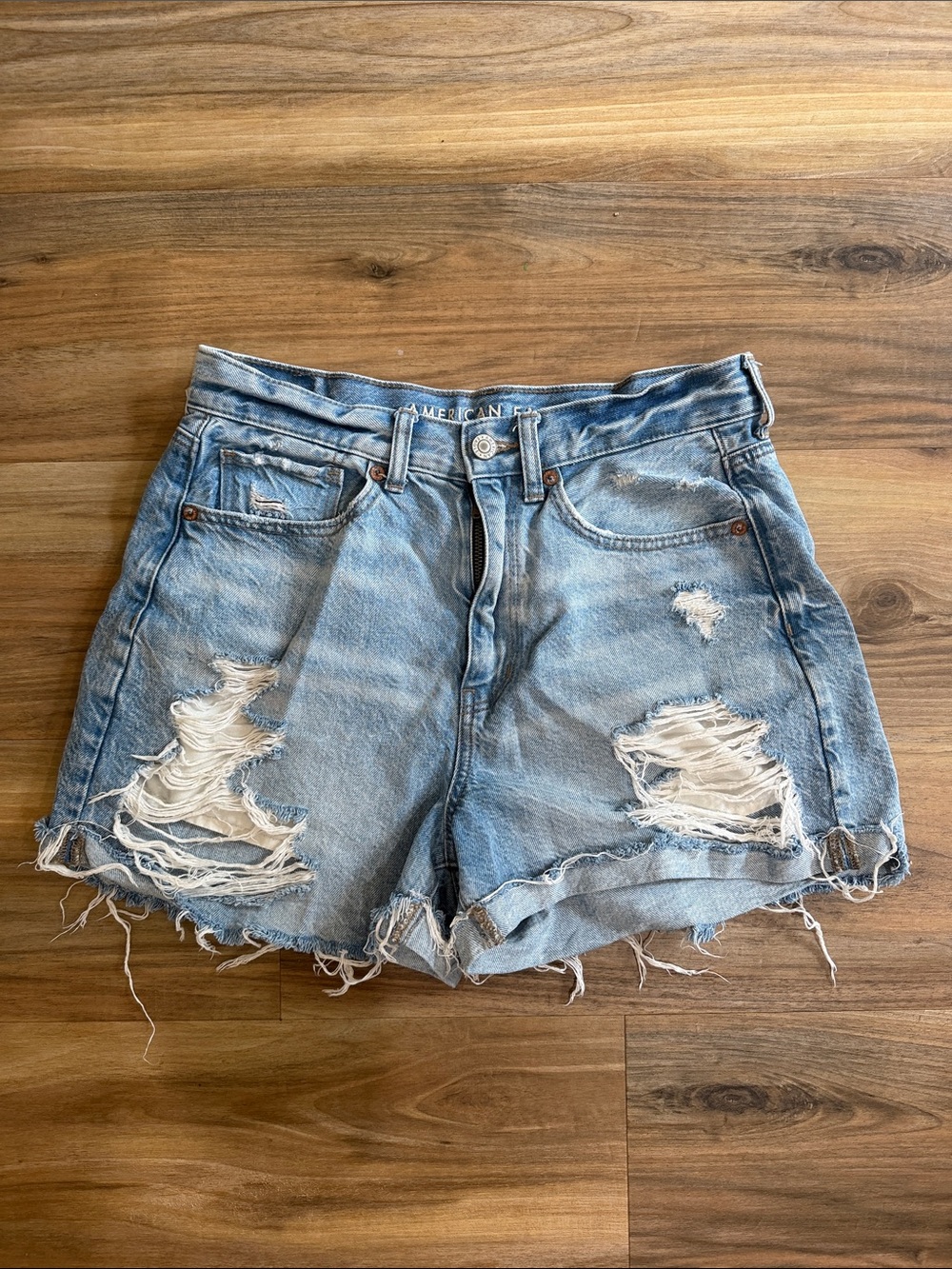 American Eagle Outfitters Light Blue Distressed High-Rise Denim Shorts